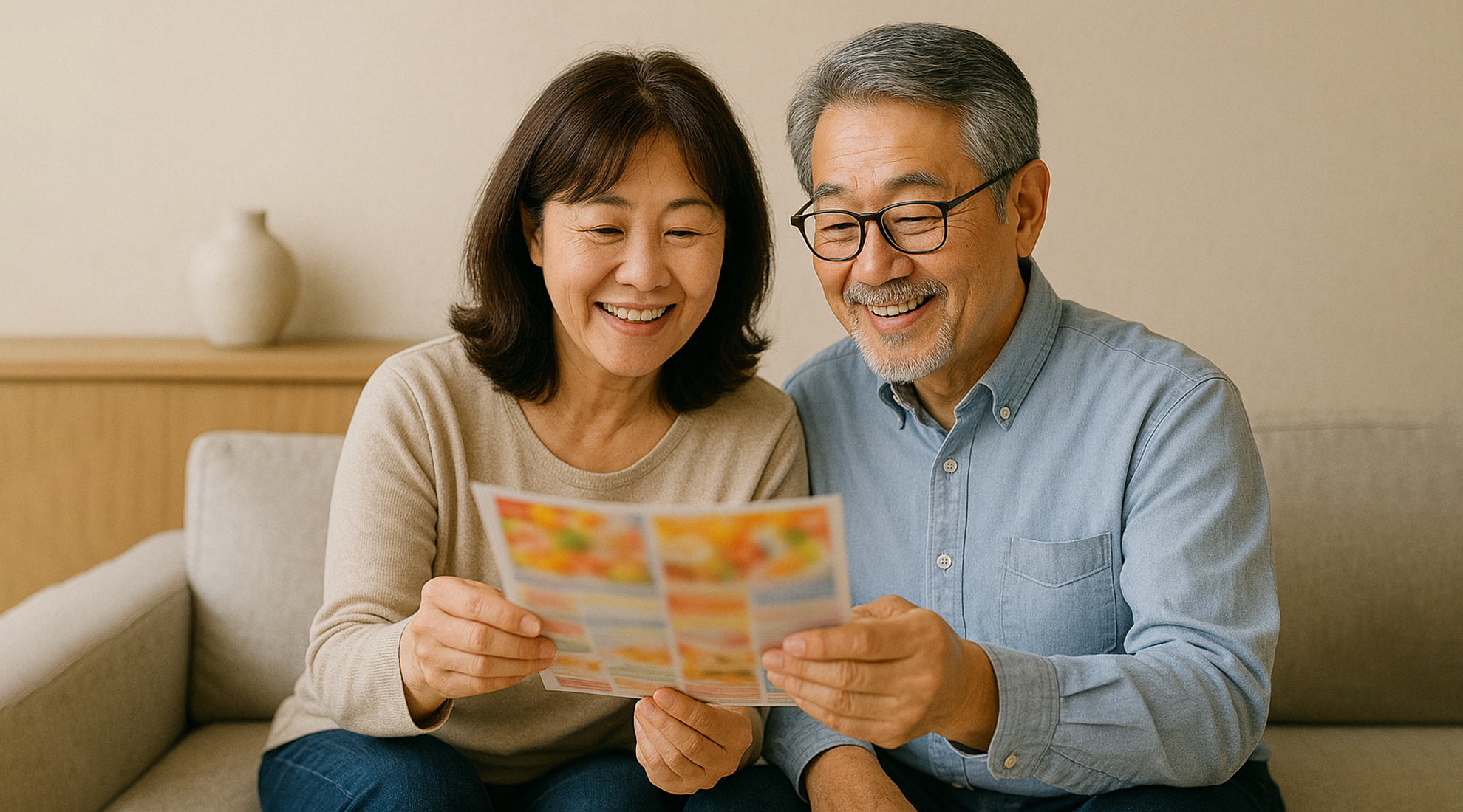 同封同梱広告のチラシを見るシニア夫婦