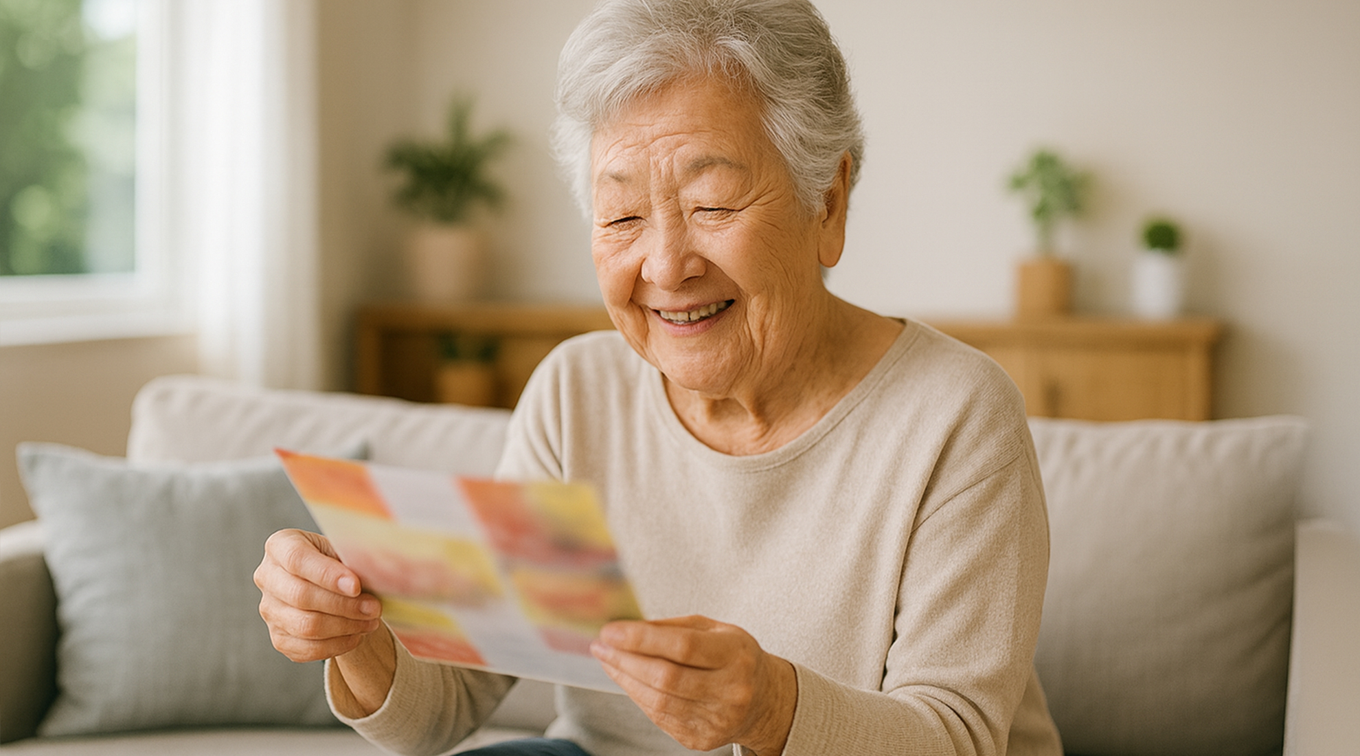 同封同梱広告のチラシを見るシニア女性