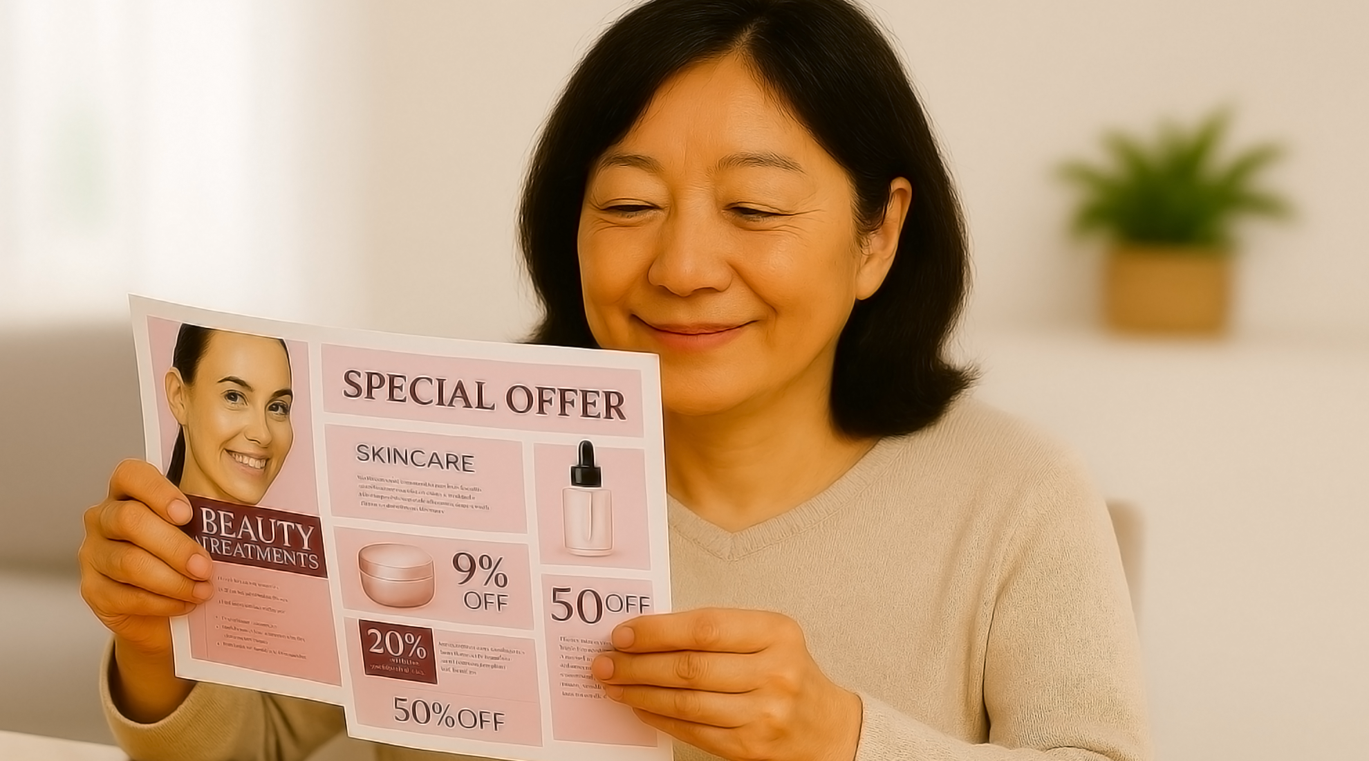 同封同梱広告のチラシを見るシニア女性2